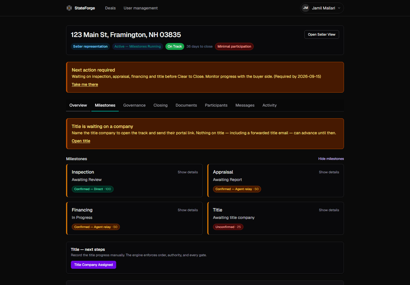 A StateForge deal in progress: inspection, appraisal, financing and title tracks, each showing its state and a provenance stamp — Confirmed · Direct · 100, Agent relay · 50, Unconfirmed · 25.